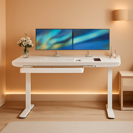 Standing Desk with Drawer, 48 X 24 Inch Whole Piece Tabletop Electric Standing Desk, Height Adjustable Desk with USB Charging Ports, Sit Stand Desk with Storage for Home & Office White