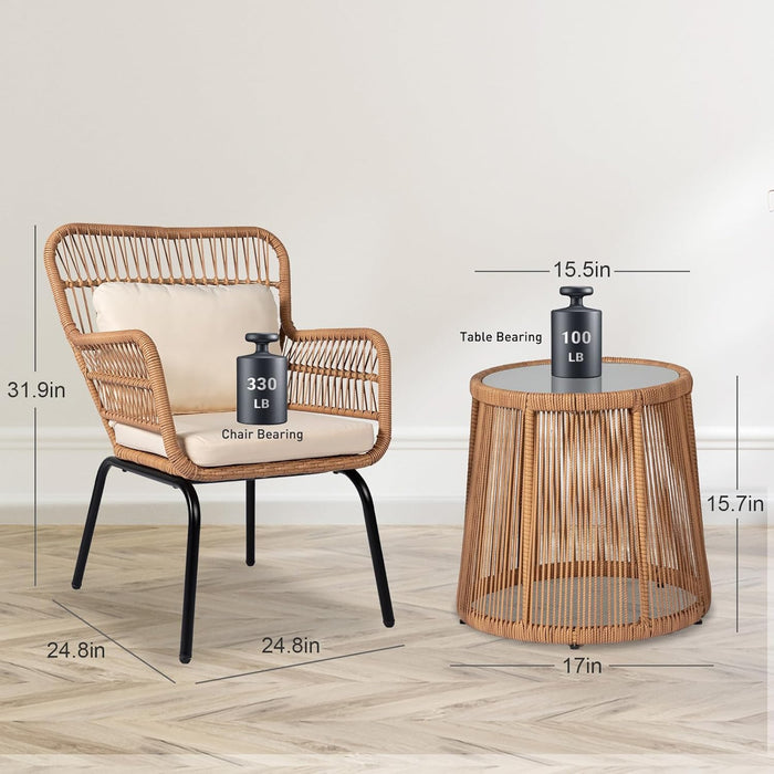3 Pieces Outdoor Wicker Bistro Patio Furniture Set, Porch Furniture Rattan Conversation Sets with Side Table and Cushions for Garden Poolside Backyard, Yellow/Beige