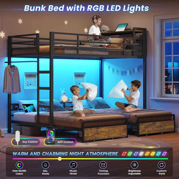 Triple Bunk Bed for Kids with Storage Drawers and Charging Station Twin over Twin Metal Bunk Bed with Storage Shelves and Box,3 Beds with Guardrails and Ladder, No Box Spring Needed, Black