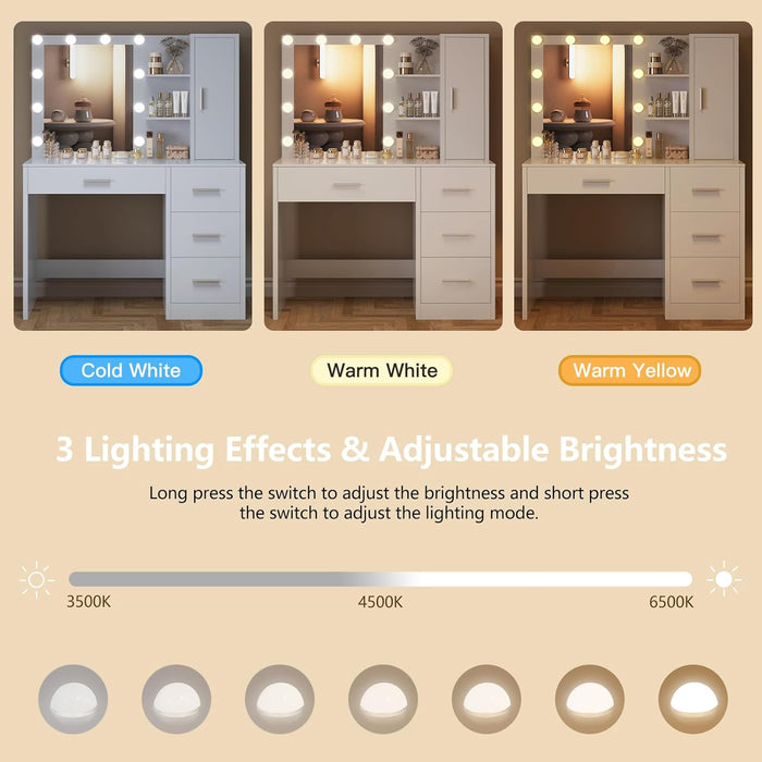 Makeup Vanity with Lights, Vanity Desk with Mirror and 10 LED Lights, White Table with 4 Drawers, Cabinet & 4 Necklace Hooks, Dressing Table for Bedroom,Grils Vanity, White