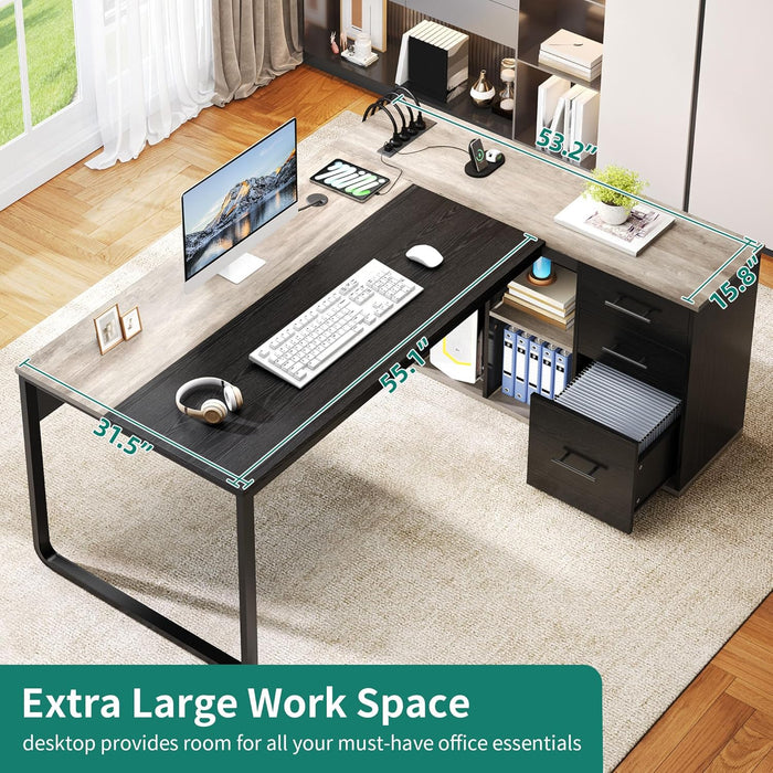 71" Executive Desk with Power Outlets, L Shaped Executive Desk with File Cabinet, Computer Desk with Drawers & Storage Shelves, Corner Office Desk with Bookshelf for Home Office, Grey + Black