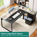 71" Executive Desk with Power Outlets, L Shaped Executive Desk with File Cabinet, Computer Desk with Drawers & Storage Shelves, Corner Office Desk with Bookshelf for Home Office, Grey + Black