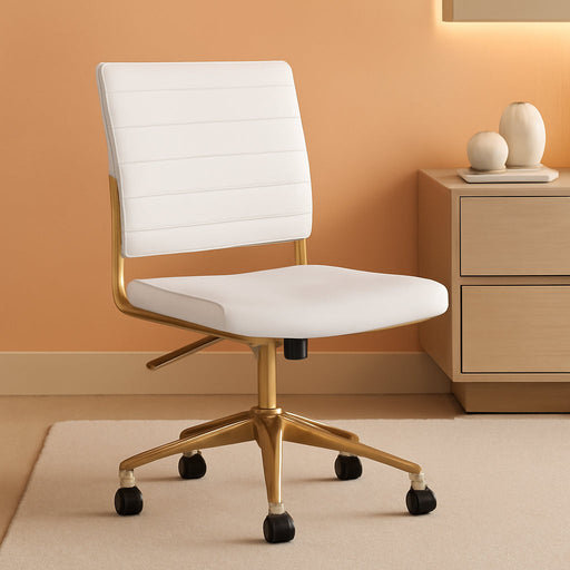 Ivy Armless Swivel Task Chair for Home Office in White Faux Leather with Polished Brass Frame