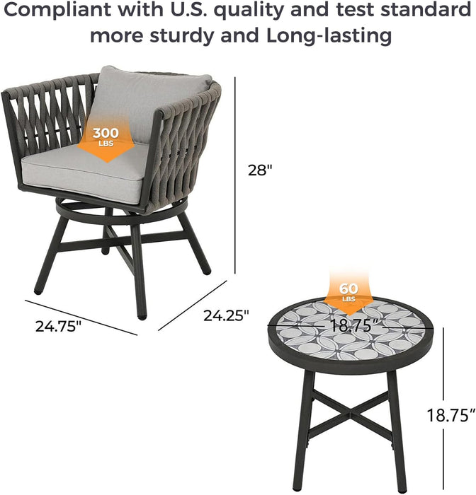 Dining Chair Set of 3, Swivel Rope Armchairs with Cushions and round Side Table with Tile Tabletop, Wicker, Indoor Outdoor Modern Style, Backyard, Balcony, Gray