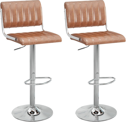 Modern Bar Stools Set of 2, Adjustable PU Leather Upholstered Swivel Bar Stools, Hydraulic Counter Height Chairs with Footrest Back for Kitchen Island, Brown