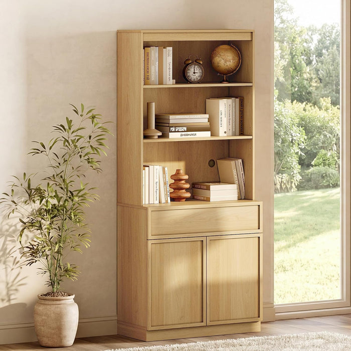 Modern 72" Tall Bookshelf with Doors, Drawers & Adjustable Shelves, Library Bookcase with Storage Cabinet and Open Shelving, Wood Bookcase for Home Office, Living Room, Oak, 1 PC