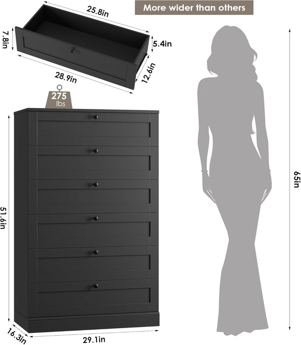 6 Drawer Dresser for Bedroom, 52" Tall Dresser & Chest of Drawers, 29" W Wood Drawer Chest, Modern Vertical Storage Cabinet for Living Room, Entryway, Hallway, Black