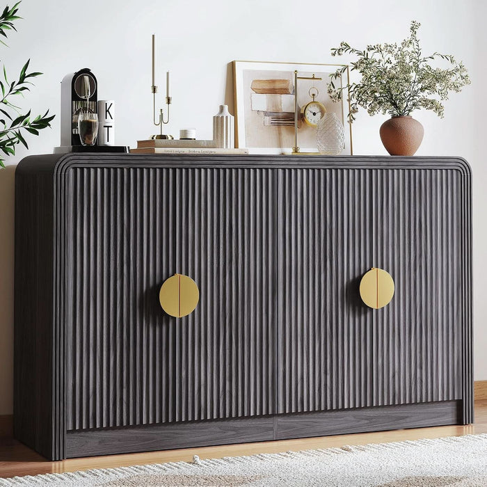 55" Fluted Buffet Sideboard Cabinet with Storage, Modern Mid-Century Buffet Cabinet with Adjustable Shelves, for Kitchen,Living Room,Entryway,Coffee Bar Cabinet (Dark Black Walnut)