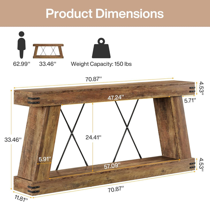 70.9" Farmhouse Console Table, Long Sofa Table behind Couch with Storage, Narrow Wooden Console Station, Industrial Rustic Entryway Furniture for Hallway, Entry, Living Room, Brown