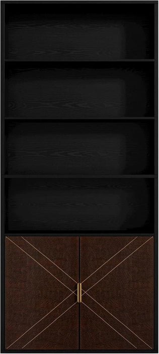 Book Shelf and Bookcase with Leather Doors, 70" Tall Bookshelf, 6 Tier Display Case Floor Standing for Home Office, Living Room, Black