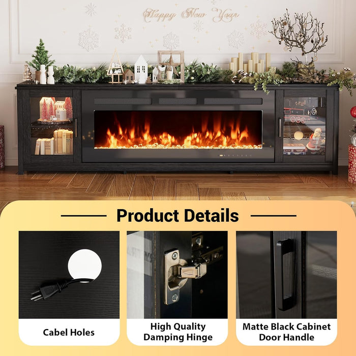 80" Fireplace TV Stand, Modern Entertainment Center with 50 Inch Electric Fireplace, Adjustable Shelf & Glass Door, Modern TV Console for Living Room, Black
