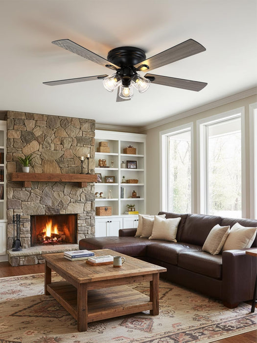 52 Inch Vintage Ceiling Fan with Light and Remote Control | Flush Mount Chandelier Fandelier Rustic with 6 Speeds 5 Reversible Blades for Bedroom Kitchen Dining Room
