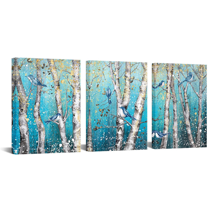 3 Pieces Tree Bird Canvas Wall Art Abstract Love Birds on White Birch Forest Nature Landscape Teal and Grey Picture for Bedroom Home Office Decor Ready to Hang 16X12Inchx3Pcs (Teal)