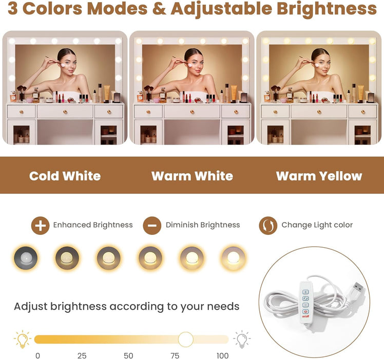 Makeup Vanity Desk with Mirror and Lights for Bedroom,White Vanity with Glass Top,Power Outlet,3 Drawers & 2 Acrylic Cabinets,3 Light Modes & Adjustable Brightness,Dressing Table for Women & Girls