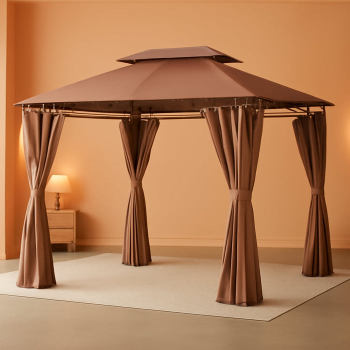 10' X 13' Patio Gazebo, Outdoor Gazebo Canopy Shelter with Curtains, Vented Roof, Steel Frame for Garden, Lawn, Backyard and Deck, Khaki