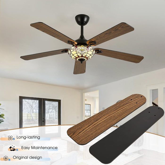 52" Tiffany Style Ceiling Fans with Lights, Red Dot, Black