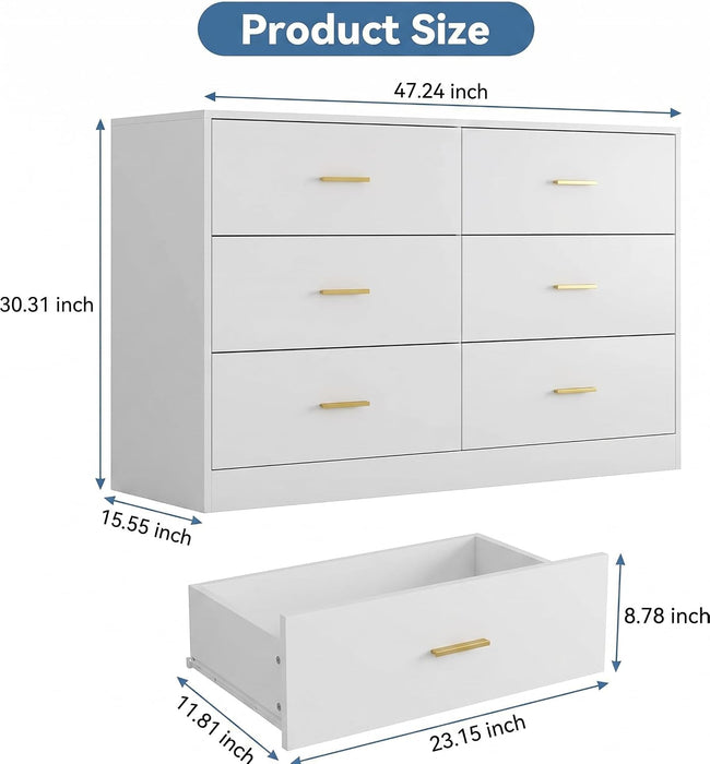 White Dresser for Bedroom with 6 Drawers, 47" Wide Modern Chest of Drawers, Wooden Dresser TV Stand,Storage Organizer for Living Room,Hallway