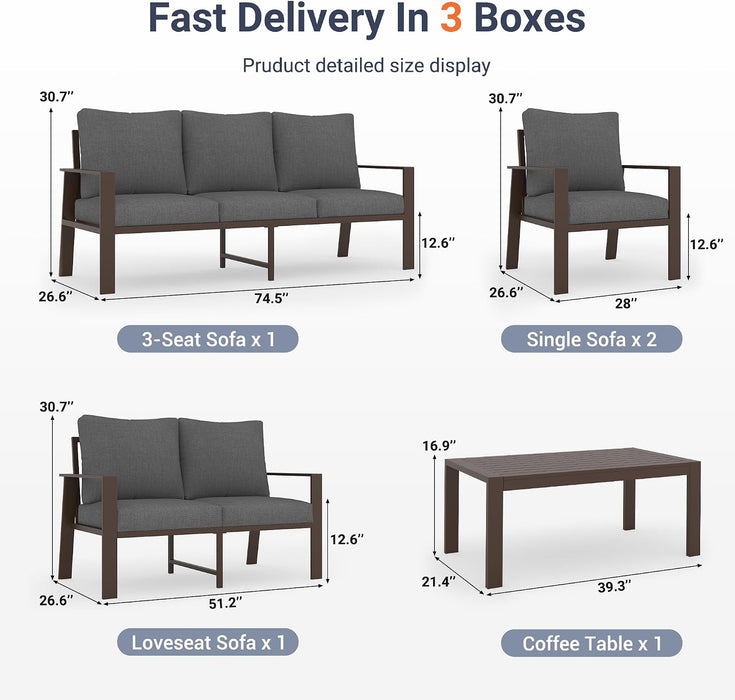 Aluminum Outdoor Patio Furniture Set 7-Seat Metal Patio Conversation Sets with Coffee Table and Water-Resistant Cushions, Modern Patio Sectional Sofa for Porch, Deck, Backyard, Poolside