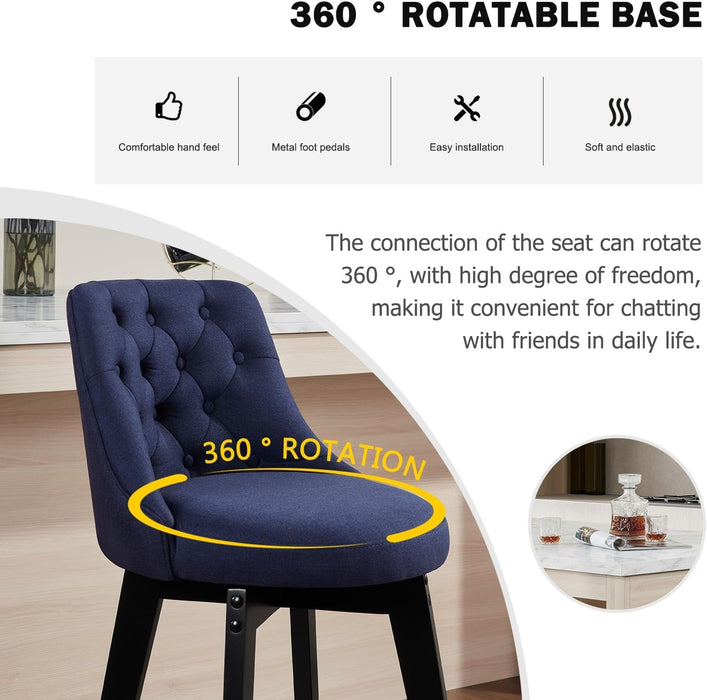 Bar Stools Set of 2, Swivel Barstools with Backs and Wood Legs, 27" Linen Fabric Upholstered Bar Chairs for Kitchen Island, Dining, Cafe, Pub（Blue）