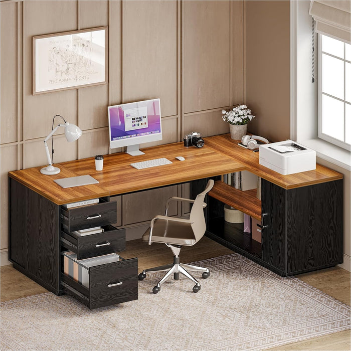 87-Inch Modern Executive Desk with File Cabinet, Large Home Office Desk with Drawers, 3-Drawer Wooden File Cabinet, Spacious Workstation for Home Office (Brown & Black)