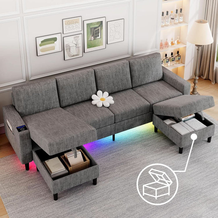 Sectional Couches for Living Room, 4 Seat Linen Sectional Sofa with Reversible Chaise Lounge/Storage Ottoman, U Shaped Couch with Smart Module-Wireless Charging/Usb/Type-C/Rgb Light (Light Grey)