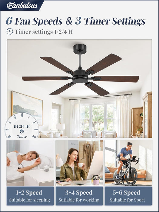 52 Inch Ceiling Fans No Light with Remote, Modern Ceiling Fan without Light, Dual Finish 6 Blades, Reversible Quiet DC Motor, 6 Speed, Large Ceiling Fan for Indoor or Covered Outdoor, Black