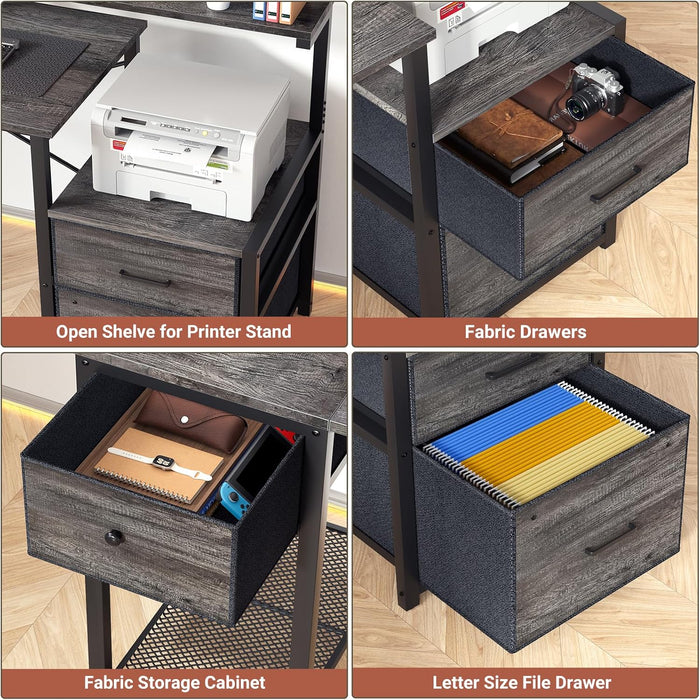 Computer Desk with 3 Drawers, Home Office Desk with File Drawer & Power Outlet, 59'' Gaming Desk with Led Lights, Work Desk with Storage Shelves, Printer Cabinet and Monitor Shelf, Grey Oak