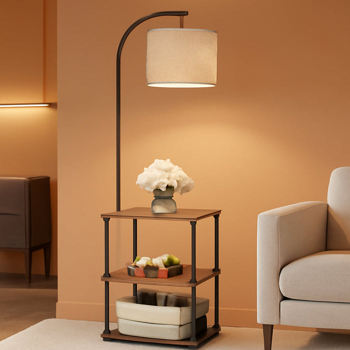 Floor Lamp with Table, Night Stand with Lamp, Narrow Side Table with 3CCT LED Bulb, Small Coffee Table, Modern End Table with Storage Shelves for Living Room Bedroom Home Décor