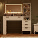 Fluted Vanity Desk with Mirror and Lights,48" Large Makeup Vanity Desk with Charging Station,Dressing Table with 4 Drawers & 3 Open Storage Shelves, Glass Top for Bedroom,Peal White