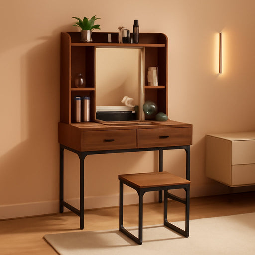 Vanity Desk with Mirror and Stool, Industrial Dressing Table with Power Outlet, 4 Shelves, 2 Storage Drawers, Bedroom Makeup Vanity Set for Women Teens Girls (Walnut)