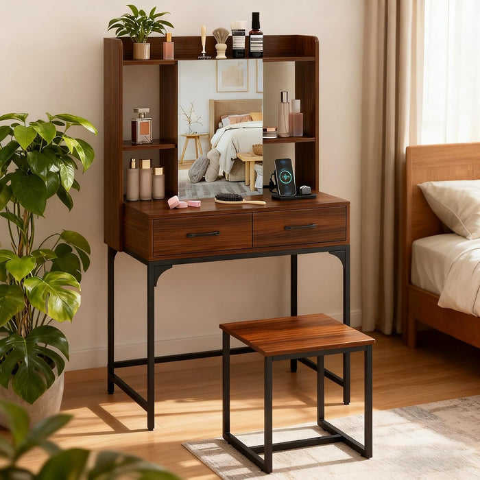 Vanity Desk with Mirror and Stool, Industrial Dressing Table with Power Outlet, 4 Shelves, 2 Storage Drawers, Bedroom Makeup Vanity Set for Women Teens Girls (Walnut)