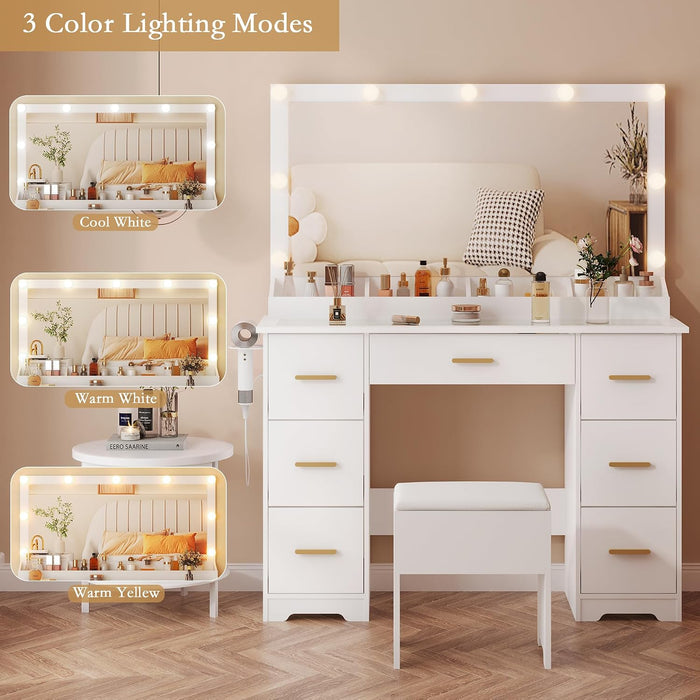 Vanity Desk with Stool for Women Designed for Bedrooms or Apartments, Featuring a Lighted LED Mirror, Built-In Power Outlet,Organized Storage for Daily Beauty Routines,White