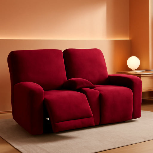 Reclining Love Seat with Middle Console Slipcover, 8-Piece Velvet Stretch Loveseat Reclining Sofa Covers, 2 Seat Loveseat Recliner Cover, Thick, Soft, Washable, Loveseat Slipcovers (Burgundy - Wine)