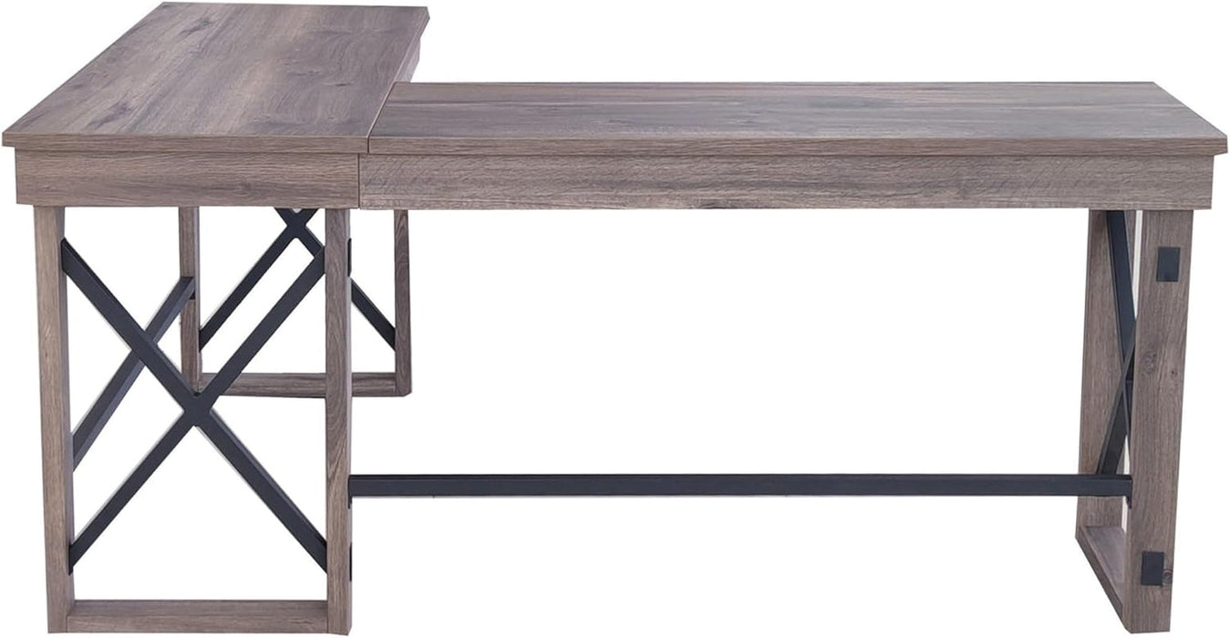 LYS L-Shaped Industrial Desk - Gray Oak Top - 29.50" Height X 67" Width X 52.13" Depth