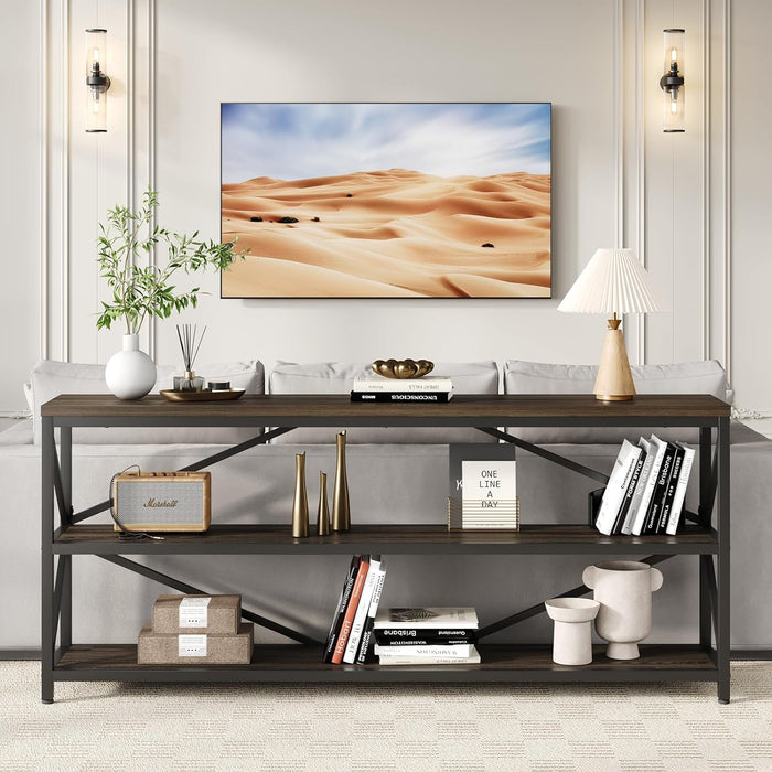 Industrial Console Sofa Table,70.8 Inch Extra Long Entryway Table with 3 Tier Wood Storage Shelf for Living Room, Hallway, Entrance, Narrow Sofa Table with Metal Frame, Black and Brown