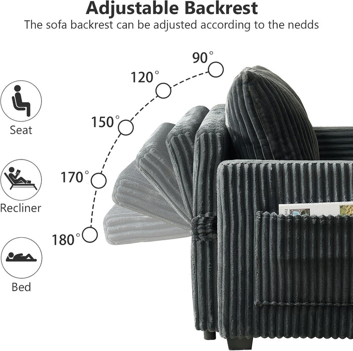 53 Inches Black CorduroyFabric SleeperSofa USBPort