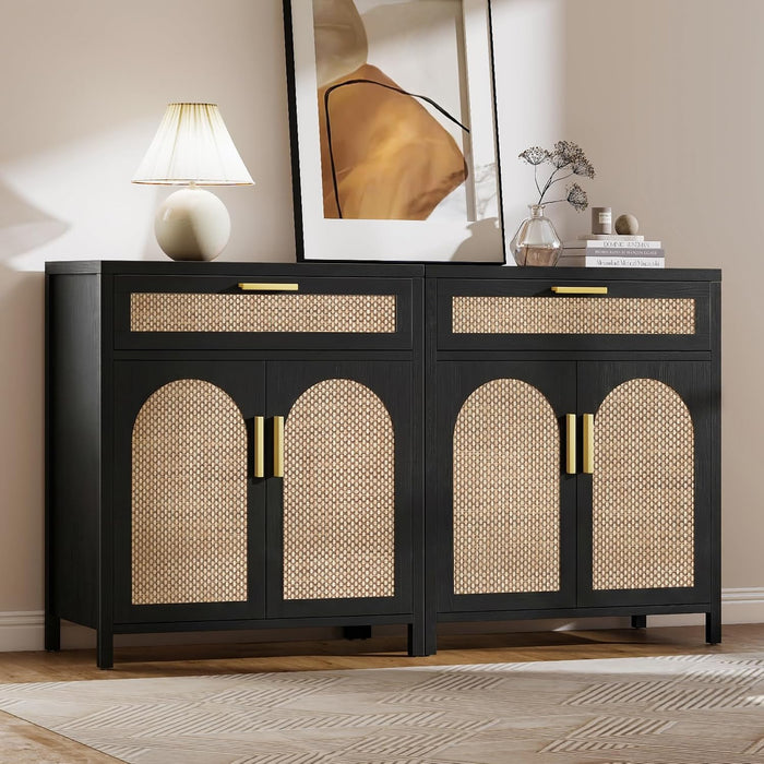 Rattan Buffet Cabinet with Storage, Sideboard Cabinet with Doors and Shelves, Accent Coffee Bar with Drawers, Farmhouse Kitchen Storage Cabinets, Credenza for Entryway, Living Room Black