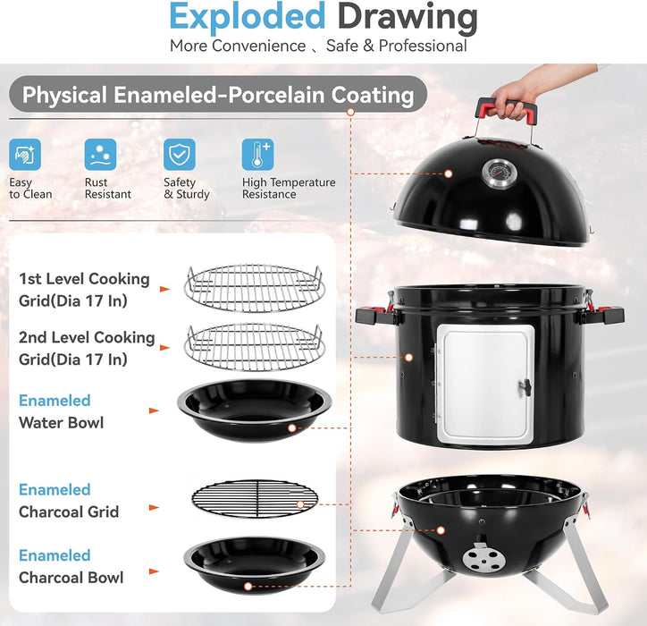 18" Vertical Charcoal Smoker Grill Bullet Water Smoker Barbeque Grill, Outdoor BBQ Smokers Portable Meat Smoker Grill for Deck Patio Backyard Balcony Parties