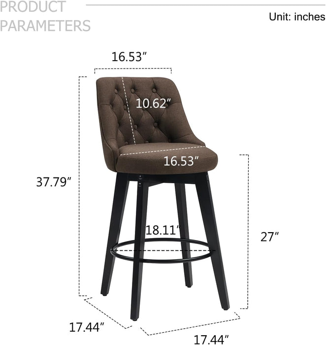 Bar Stools Set of 2, Swivel Barstools with Backs and Wood Legs, 27" Linen Fabric Upholstered Bar Chairs for Kitchen Island, Dining, Cafe, Pub（Sepia）