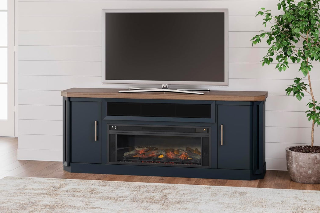 Landocken Contemporary 83" TV Stand for Tvs up to 95" with Fireplace Option, 2 Cabinets, 2 Doors, 2 Adjustable Shelves, Open Cubbies and Cord Openings, Dark Brown & Blue