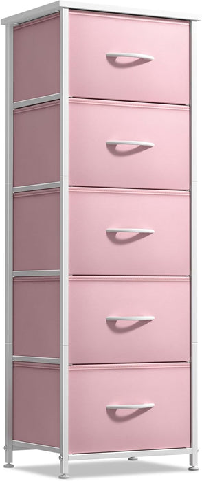 Fabric Dresser for Kids Bedroom - Chest of 5 Drawers, Tall Storage Tower, Clothing Organizer, for Closet, for Playroom, for Nursery, Steel Frame, Fabric Bins - Wood Handle (Pink)