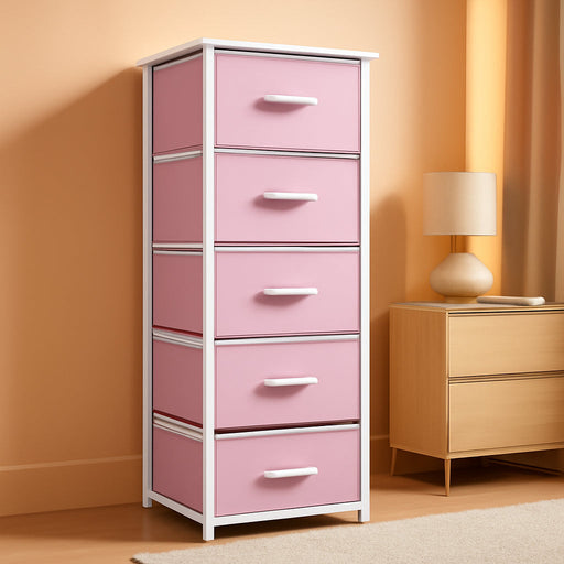 Fabric Dresser for Kids Bedroom - Chest of 5 Drawers, Tall Storage Tower, Clothing Organizer, for Closet, for Playroom, for Nursery, Steel Frame, Fabric Bins - Wood Handle (Pink)