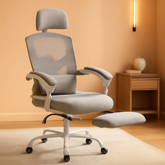 Home Office Desk Chair with Footrest, High-Back Mesh Rolling Swivel Reclining Chairs with Wheels, Comfortable Headrest, Lumbar Support, Comfy Arms for Home, Office, Gaming, Student, Grey