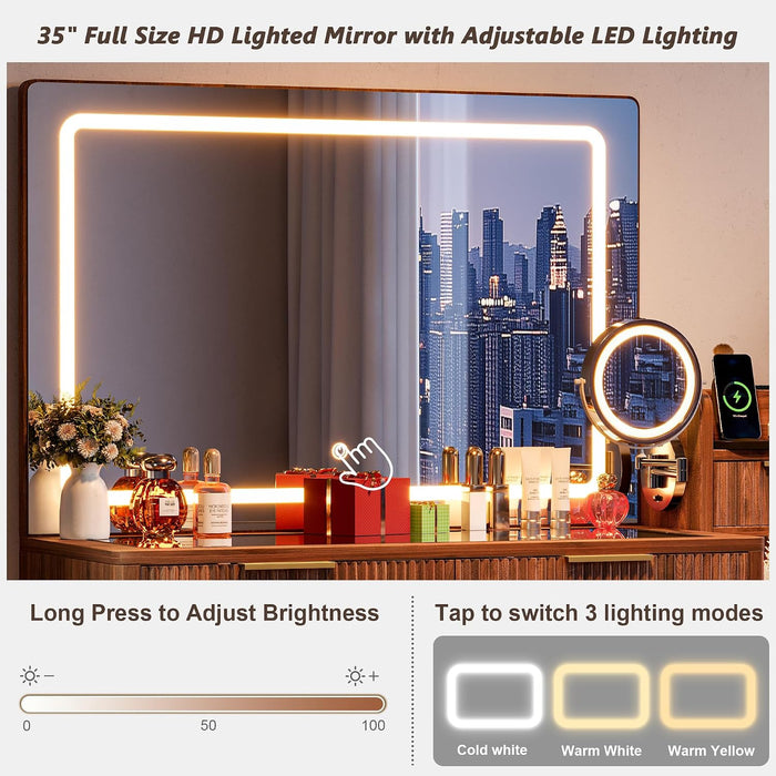 47" Vanity Desk with 5X Magnifying Mirror & 3-Color LED Light, Fluted Glass Top Makeup Table, USB Charging & Hair Dryer Holder, Dressing Table with Adjustable Shelves for Bedroom, Dark Walnut