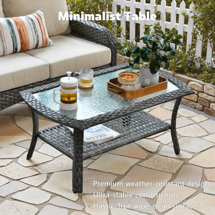 4-Piece Wicker Patio Furniture Set, All-Weather Rattan Conversation Bistro Loveseat Chair and Table Set for Backyard, Balcony and Deck with Soft Cushions and Metal Table(Tan)