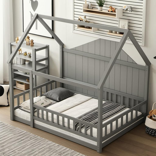 Full Size Floor Bed, Wood Montessori House Bed Frame with Fence, House Floor Bed for Kids, Boys and Girls, Decoratable Playhouse for Kids, Grey