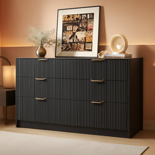 55" Wide Fluted 6-Drawer Double Dresser for Bedroom, Black
