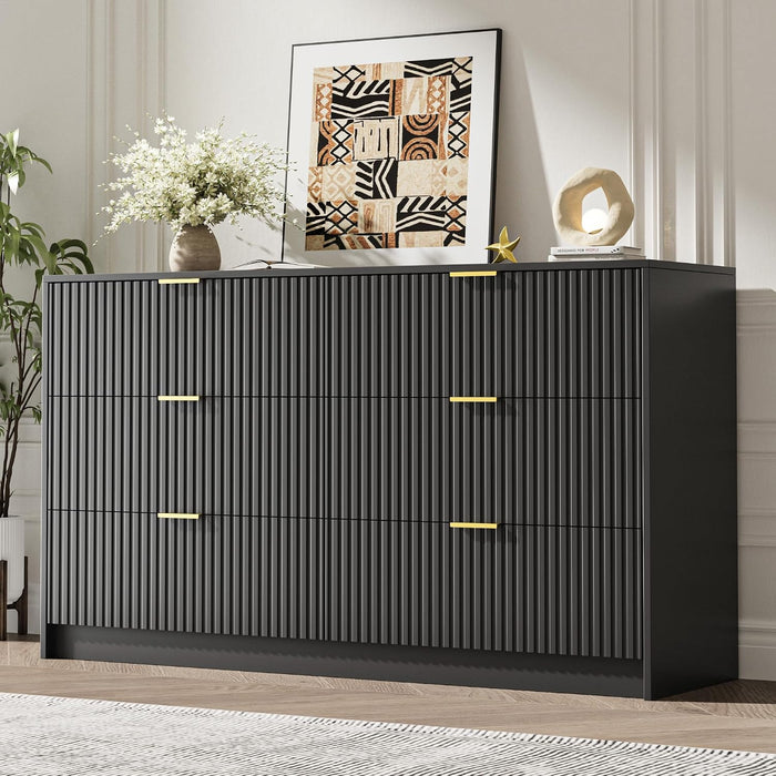 55" Wide Fluted 6-Drawer Double Dresser for Bedroom, Black
