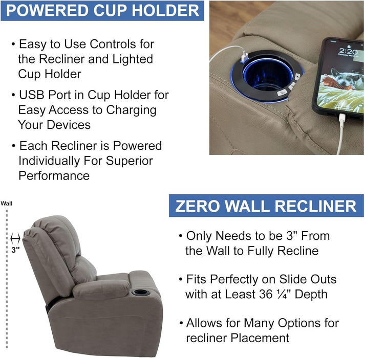 Charles 64" Powered Recliner RV Sofa with Console and Cupholders | Zero Wall Loveseat for Camper | Wall Hugger Couch with Upgraded 2023 Fabric (Putty)