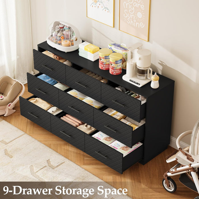 9 Drawers Dresser for Bedroom, 58” Wide Modern Chest of Drawers with Diamond Panel, Anti-Tipping Device, Wood Stable Storage Organizer for Bedroom, Nursery, Living Room